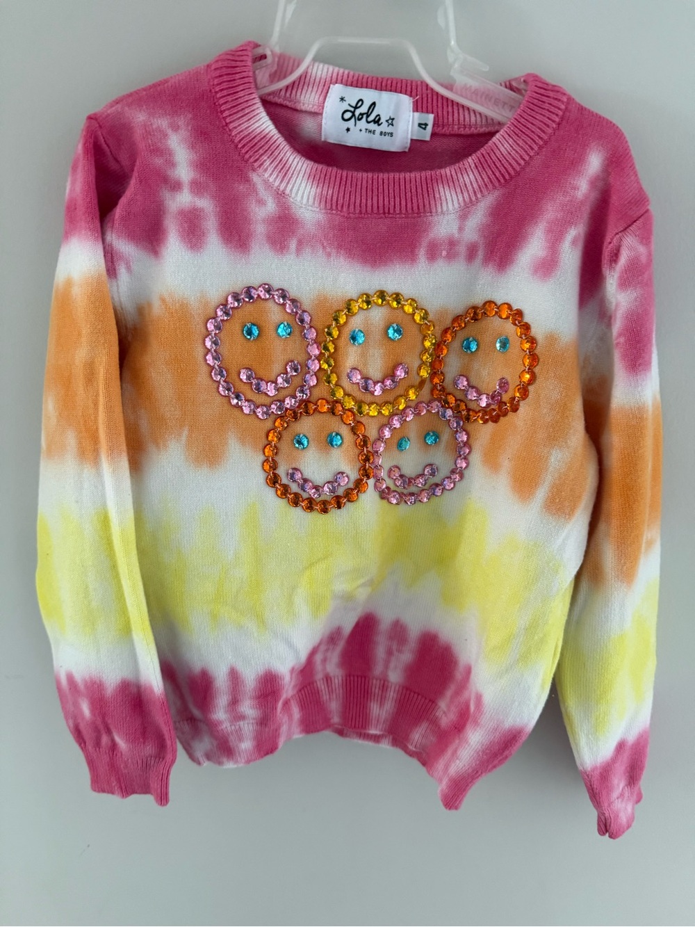 Lola + The Boys Pink Tie-Dye Beaded Smiley Crewneck